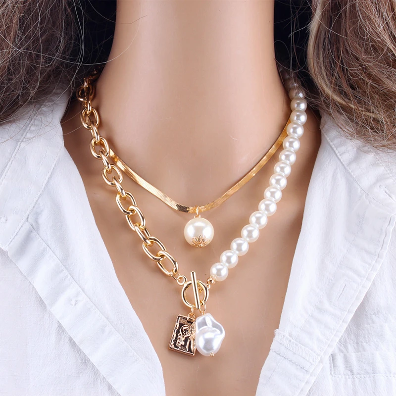 Fashion Chain Pearl Necklace For Women Baroque Pearl Metal Charm Pendant Necklaces Choker Snake Chain Jewelry Gold Silver Color