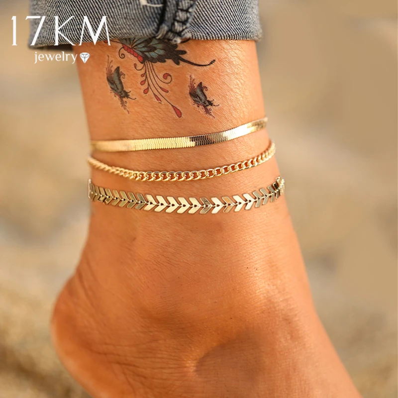 17KM Fashion Gold Multilayer Snake Chain Anklets Women Beads Anklet Leg Chain Ankle Bracelets Beach Foot Jewelry Accessories