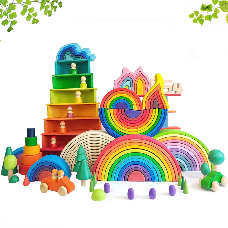 DIY 3D Wooden Toys Rainbow Building Blocks Rainbow Stacker Large Size Creative Montessori Educational Toys For Children Kids