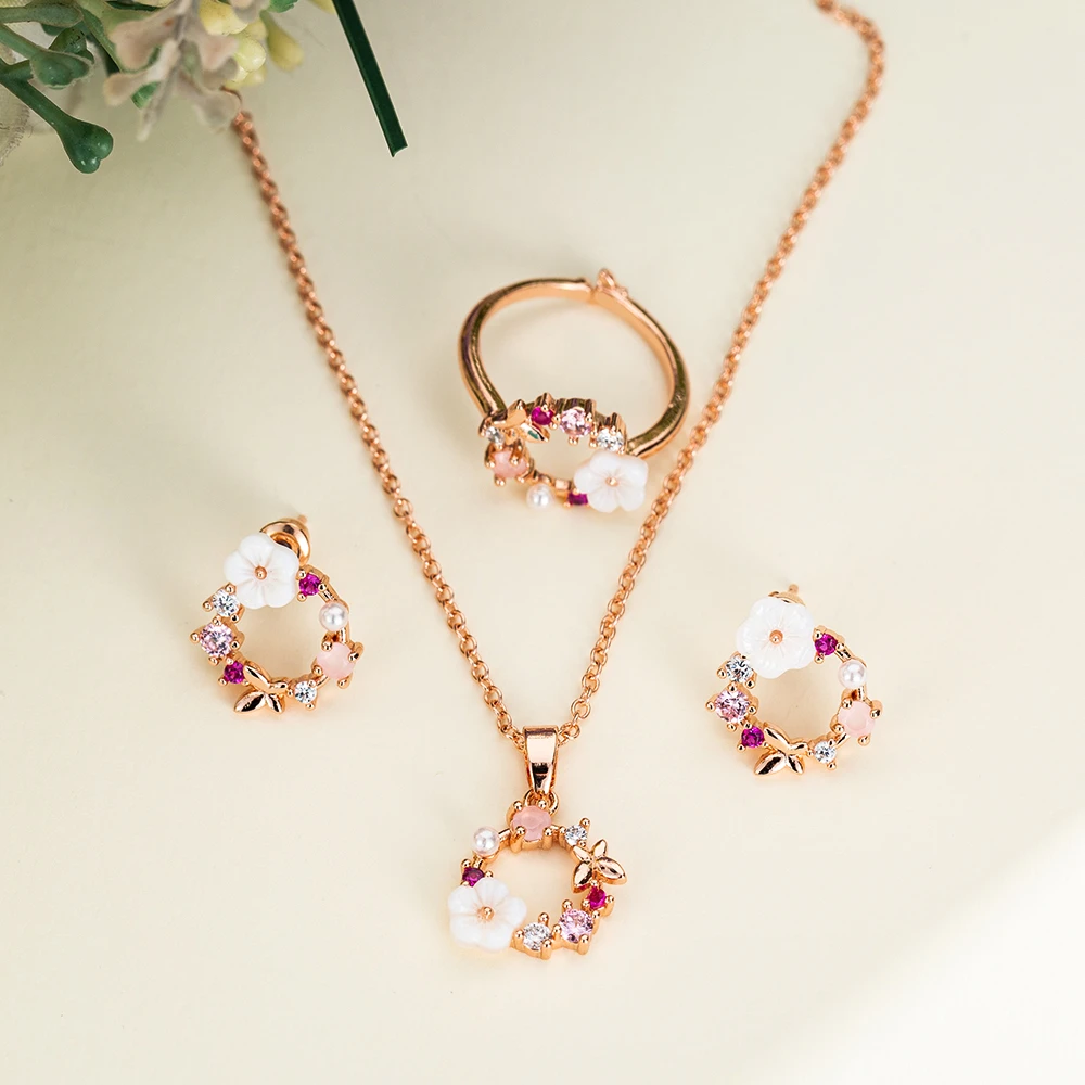 Fashion Rose Gold Crystal Pendant Necklace Earrings Rings Set Elegant Bridal Wedding Jewelry Sets For Women Flowers Bijoux Gift