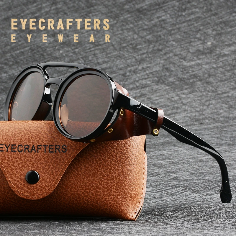 Eyecrafters 2021 Vintage Men Steampunk Goggles Sunglasses Women Retro Shades Fashion Leather With Side Shields Round Sun Glasses