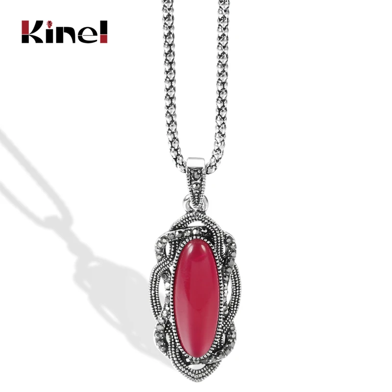 Kinel Top Quality Boho Red Stone Necklace Tibetan Silver Mosaic AAA Gray Crystal Big Oval Necklace For Women Vintage Jewelry