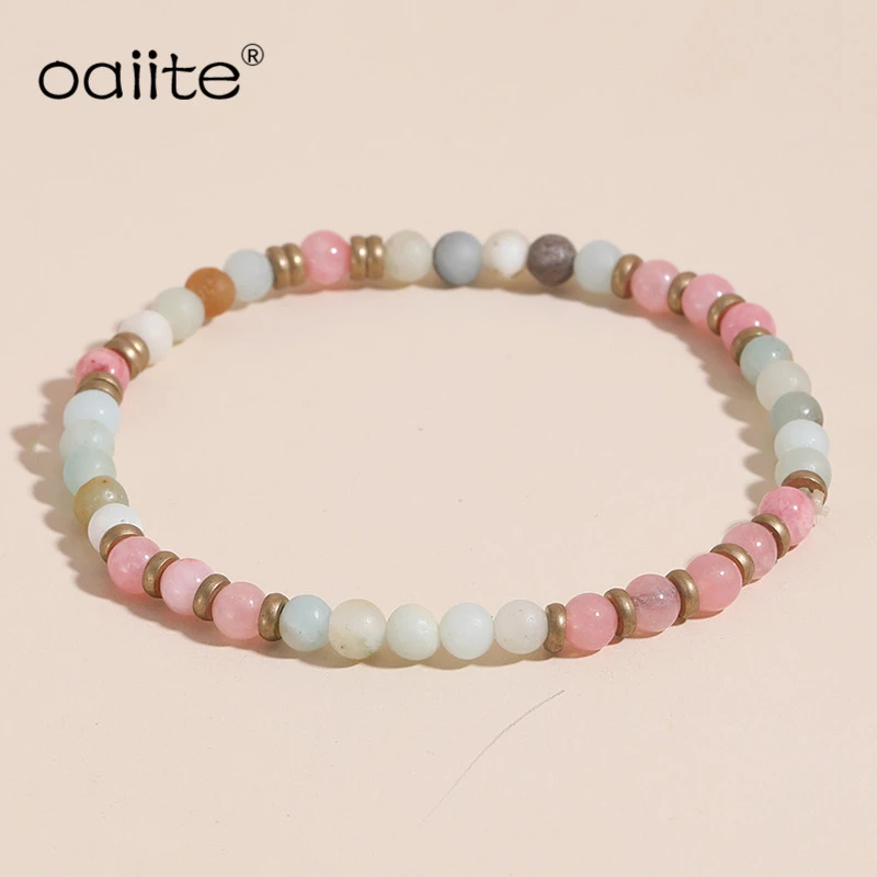 OAIITE 4mm Natural Stone Strand Beads Bracelets Healing Pink Quartz Aventurine Agates Rose Crystal Charms Seed Beads Bracelet