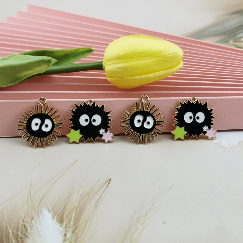 10pcs/pack Cartoon Black Briquettes Charms Dangle Big Eyes Golden Tone Metal Earring Pendants  DIY Fashion Jewelry Accessory