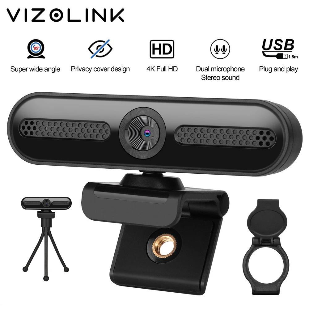 VizoLink W8D Webcam Real 4K UHD 3840*2160P 800W Pixels Wide Angle Camera with 2 Microphones and Tripod for Video Conference