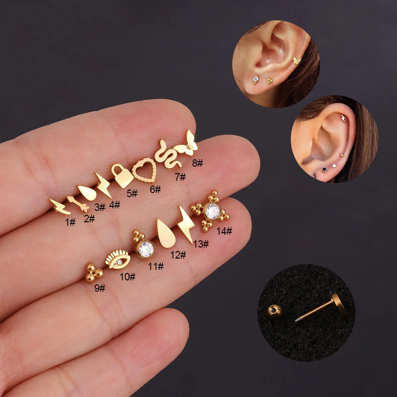 1PC 20G Fully Stainless Steel Small Cartilage Stud Earring Cubic Zirconia Helix Tragus Conch Screw Back Earring Piercing Jewelry