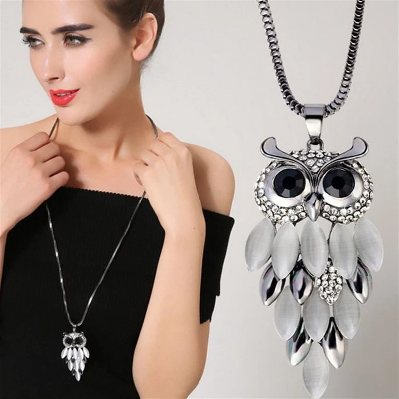 Ajojewel Retro Synthetic Opal Owl Pendant Necklaces Long Sweater Chain Jewelry For Women Party Anniversary Accessories