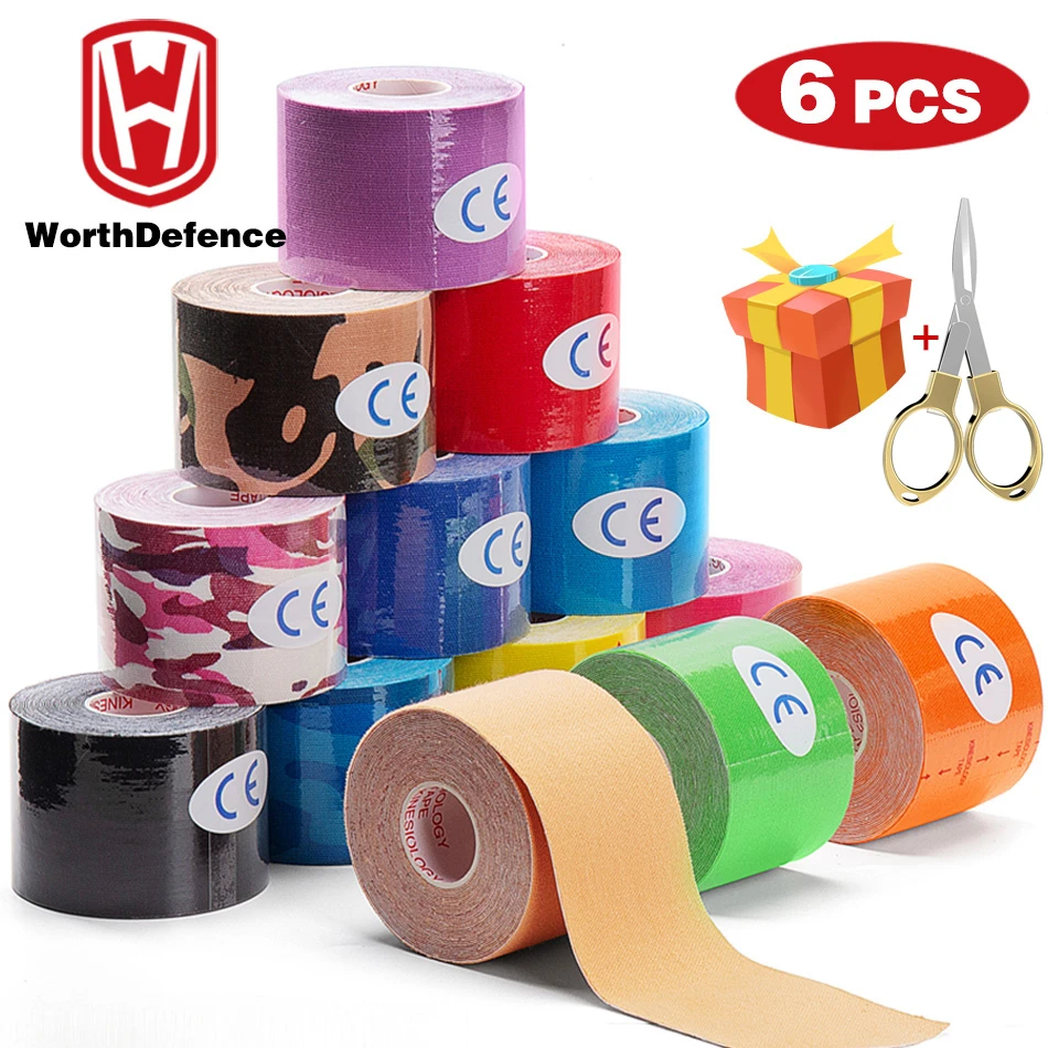 Worthdefence 6Pcs Kinesiology Tape Athletic Recovery Elastic Tapes Gym Fitness Bandage Jiont Support Muscle Pain Relief Knee Pad