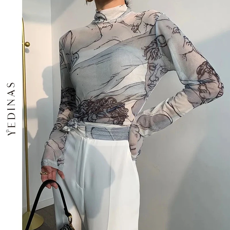 Yedinas Turtleneck Mesh Blouse Women Renaissance Print Long Sleeve See Through Top Ladies Sheer Designer Top Clothing