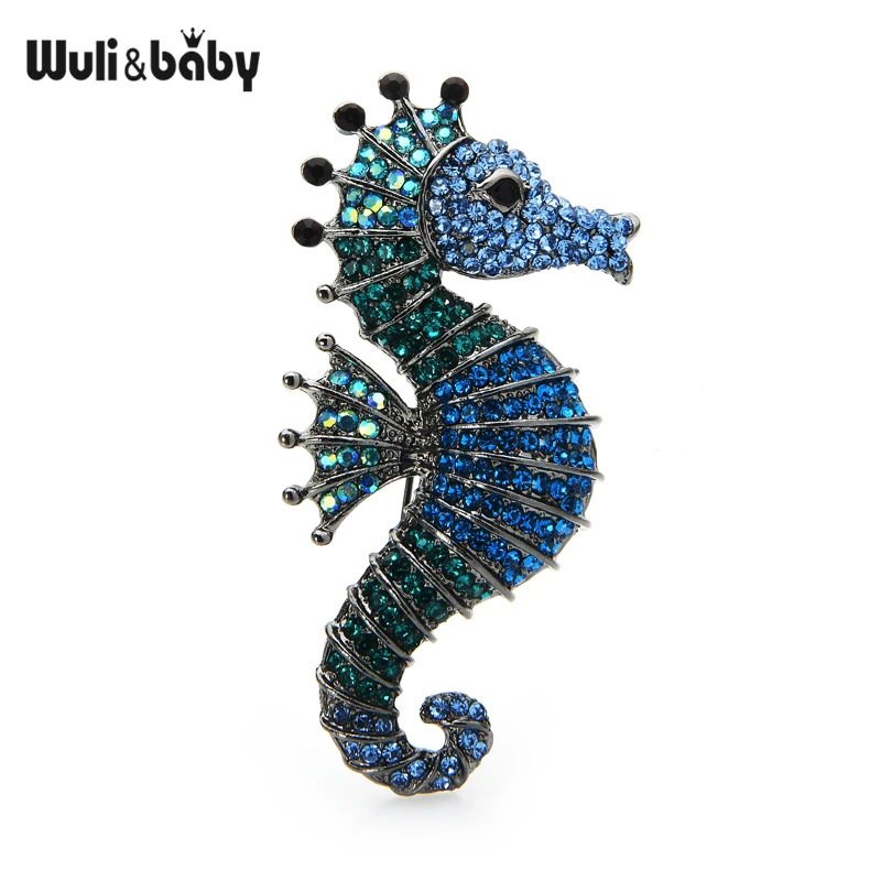 Wuli&baby Sparkling Rhinestone Seahorse Brooches 3-color Sea Animal Office Casual Brooch Pins Gifts