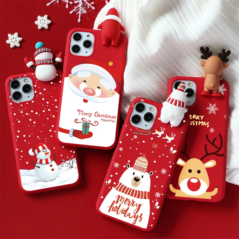 Cartoon Case For iPhone 12 13 11 Pro Mini XS Max XR X 7 8 10 6 6S Plus SE 2 Soft TPU 3D Christmas Doll Deer Phone Cover Funda