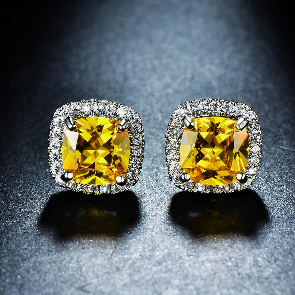 Luxury Female Crystal Zircon Stone Earrings Fashion silver color Yellow Earrings Vintage Double Stud Earrings For Women