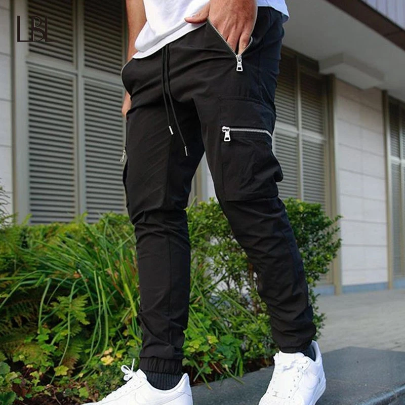 Jogger Sweatpants Track Pants Men Slim Fit Workout Trousers Male Multi-pocket Casual Skinny Pants Men's Zipper Design Sportswear