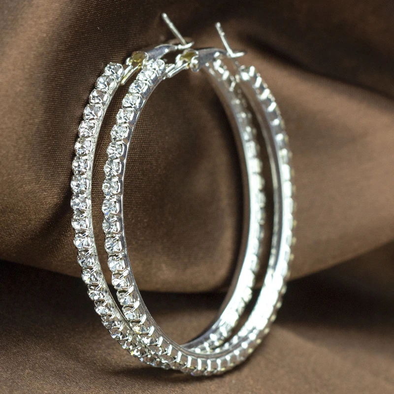 Popular earring With rhinestone 20mm-90mm Crystal circle hoop earrings Simple big circle Silver plated hoop earrings for women