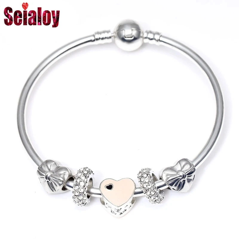 SEIALOY Fashion Pink Heart Charm Bracelets & Bangles With Bowknot Beads Europe Style Brands Bracelet For Women Jewelry Gifts