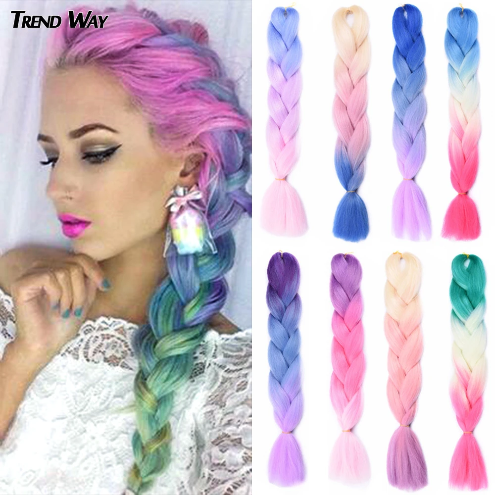 Trend Way 24Inch Synthetic Long Jumbo Crochet Braiding Hair Ombre Hair For Women Colorful Braids 100g Rainbow Hair Gray  Green