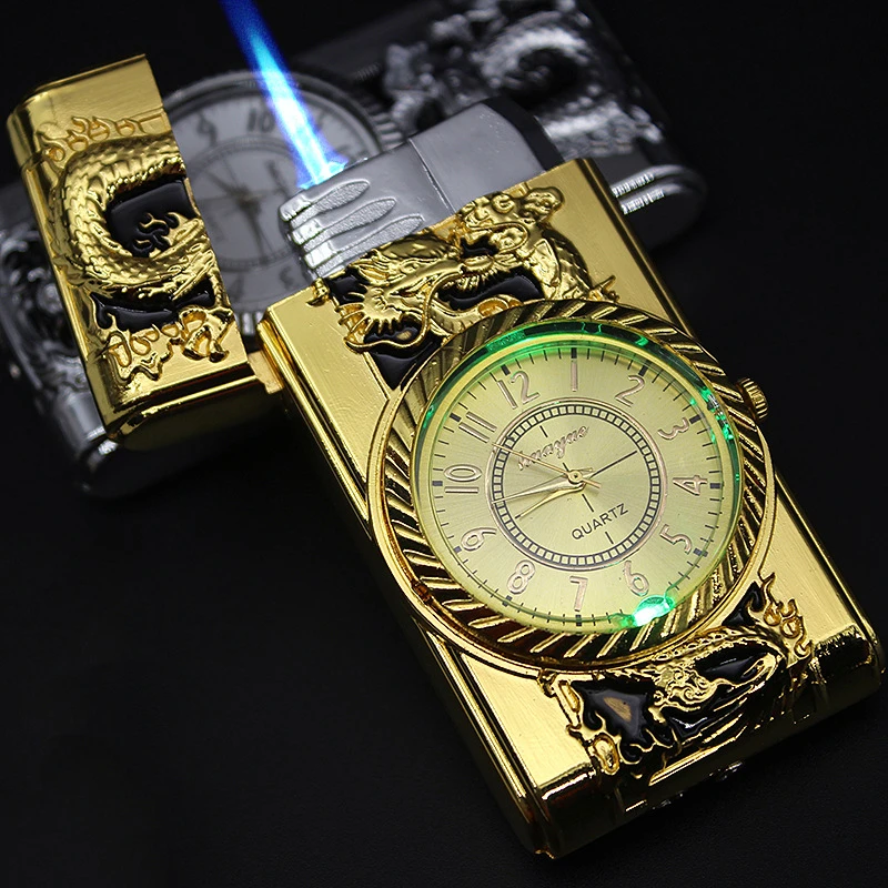 Luxurious Gold Watch Jet Lighter Torch Turbo Gas Lighter Windproof Cigar Cigarette Metal Lighter Led Inflated Gasoline Butane