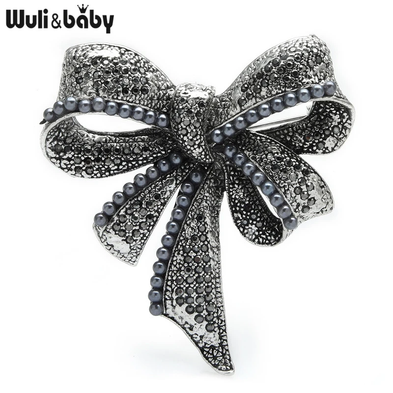 Wuli&baby Vintage Bowknot Brooches For Women Classic Rhinestone Pearl Bow Knot Flower Party Office Brooch Pins Gifts