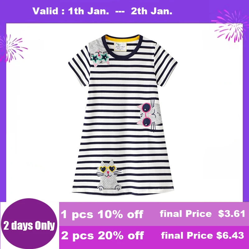 Jumping Meters  2-7T Cotton Animals Girls Dresses Summer Applique Baby Clothes Hot Selling Striped Tunic Costume Kids Dress