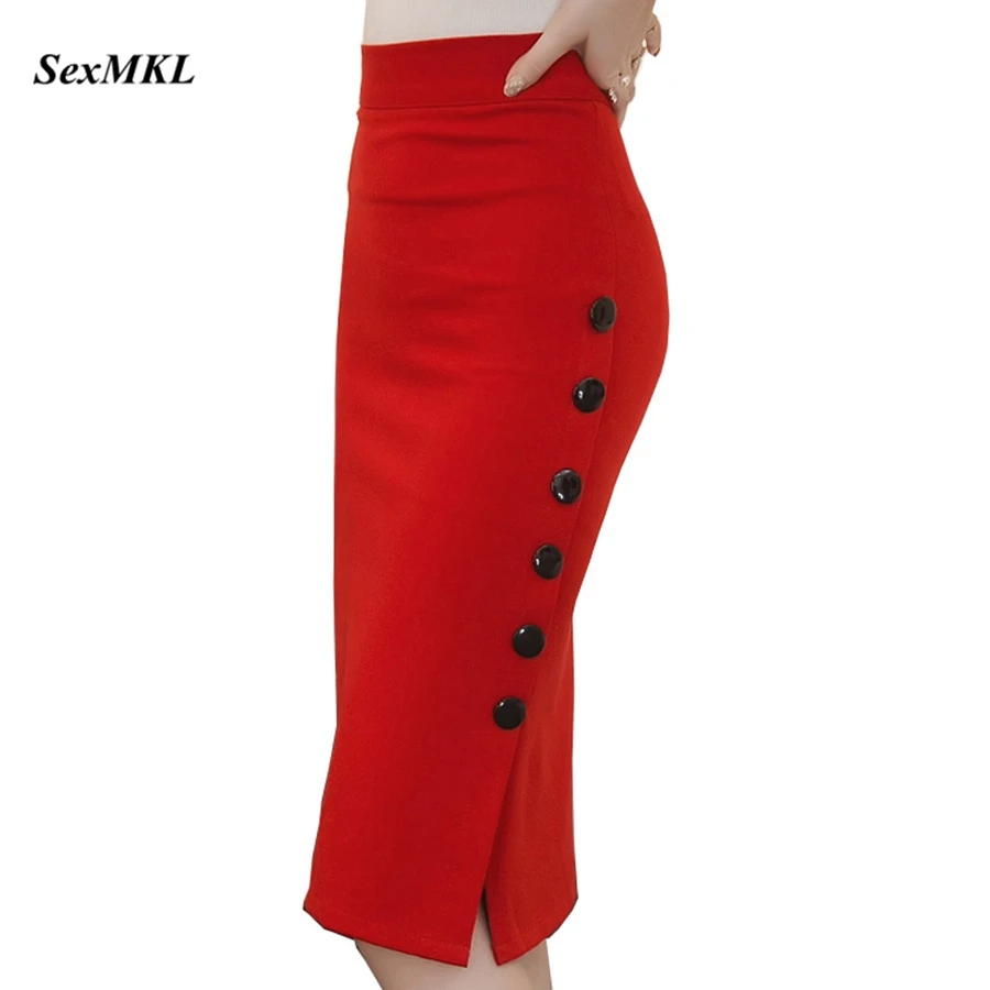 Plus Size 2021 Fashion Women Work Midi Skirt OL Sexy Open Slit Button Slim Pencil Skirt Elegant Office Ladies Skirts Red Black