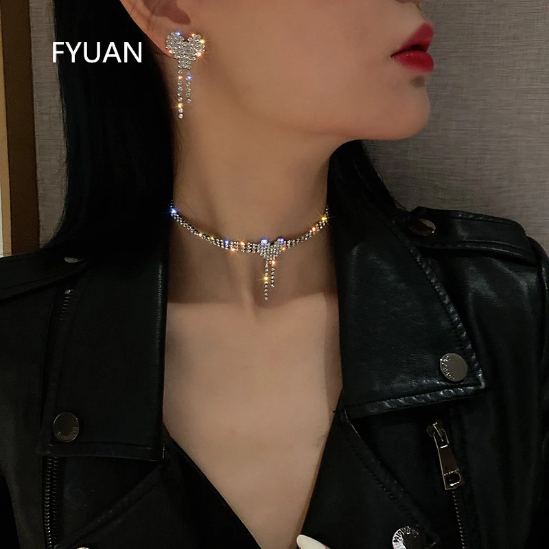 FYUAN Love Heart Rhinestone Necklace Earrings For Women Geometric Tassel Crystal Weddings Banquet Jewelry Sets