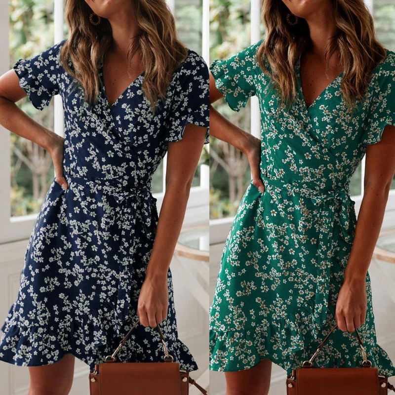 Boho Floral Print Ruffles Women Dress 2020 Summer Sexy V Neck Short Sleeve A Line Chiffon Mini Dresses Beach Vacation Sundress
