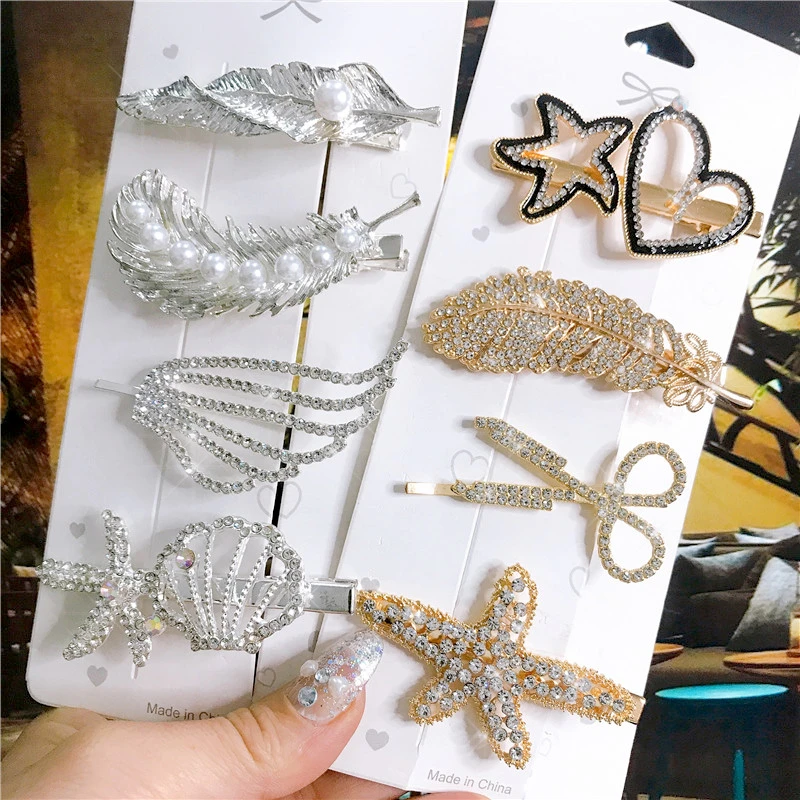 4PCS Hair Accessories Gold Silver Hair Clips Set Vintage Feather Starfish Crystal Pearls Hairpin For Women Fashion Headwear 2021