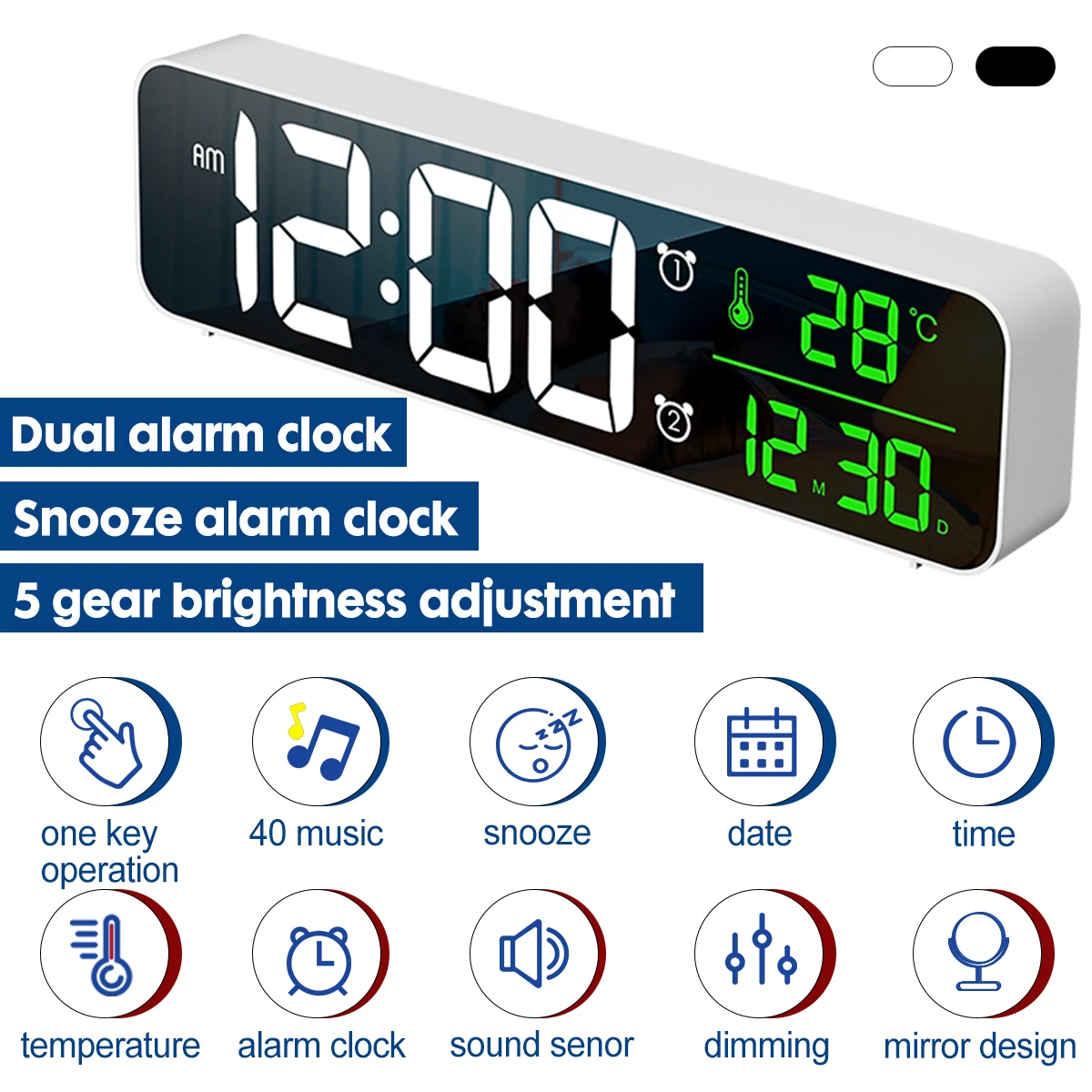 LED Digital Alarm Clock Dual Mode Bedrooms Snooze Electronic USB Desktop Mirror Clocks Home Table Decor 5 Brightness Adjustment