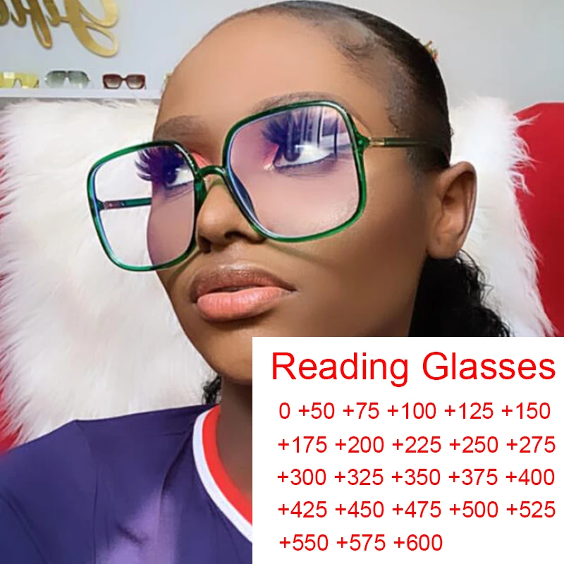 Oversized Green Prescription Reading Glasses Transparent Large Square Frames Computer Anti Blue Light Glasses Degree 0 to 6