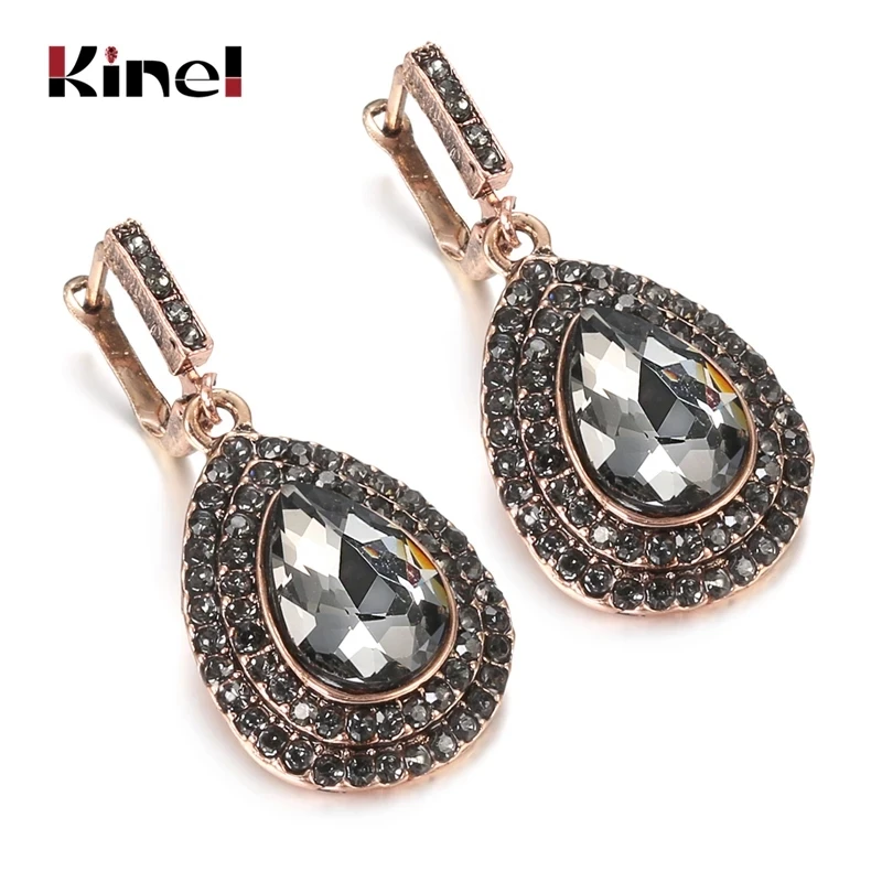 Kinel Boho Gray Crystal Bridal Earrings For Women Antique Gold Color Beach Party Water Drops Drop Earrings Vintage Jewelry