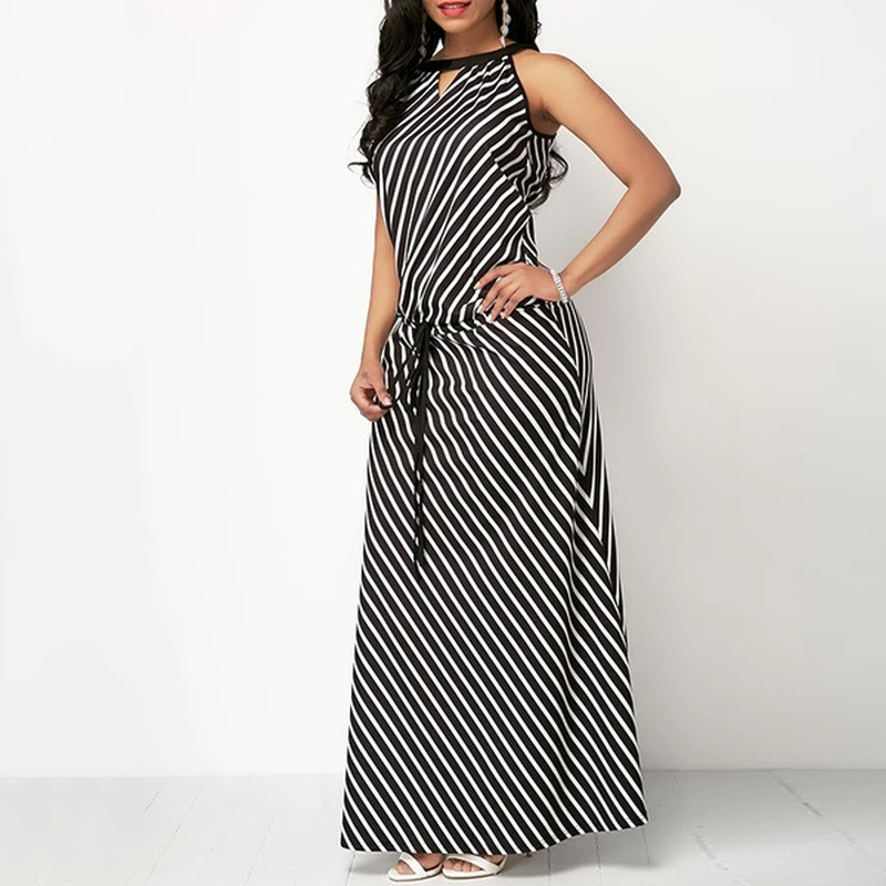 Stripe Dress Women Fashion Summer Casual Sleeveless Round Neck Black Stripe Loose Plus Size Female Long Dress Costume