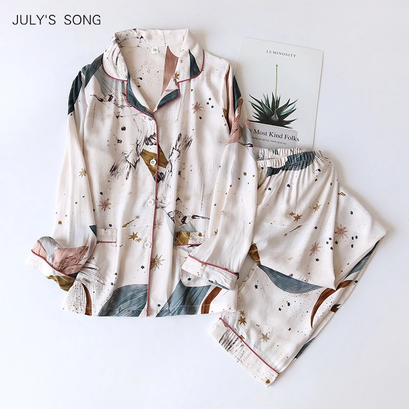 JULY'S SONG 100% Viscose Women Pajamas Casual  Long Sleeve Sleepwear Pajamas Set Printed Pockets Summer Cool Pyjama Suit Femmel