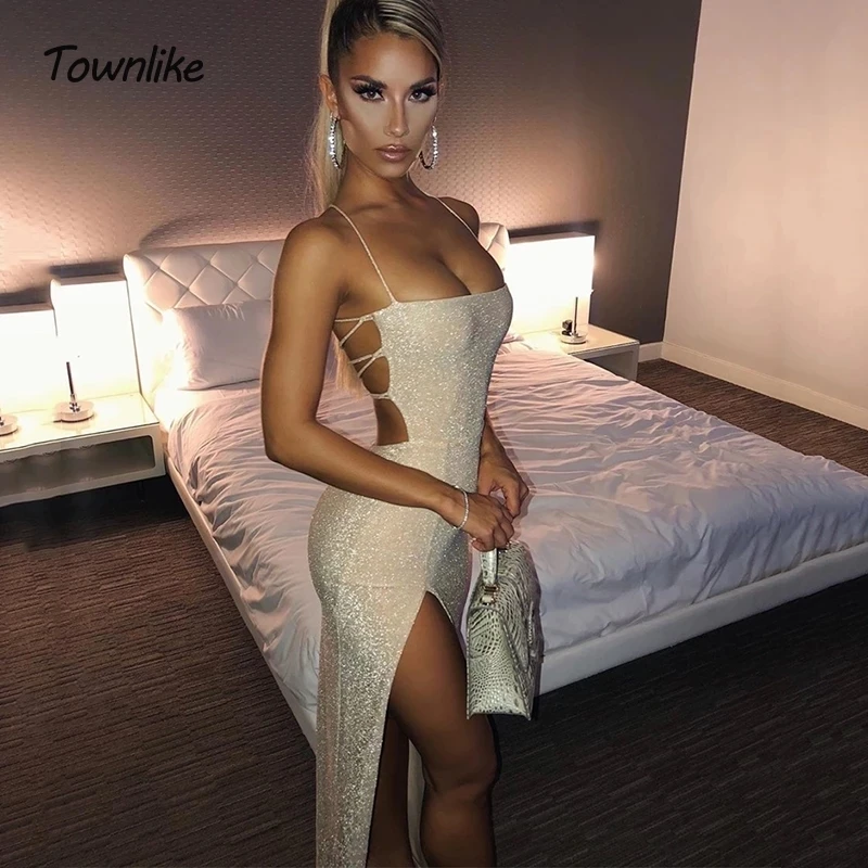 Townlike Backless Bandage Bodycon Sexy Dress Women Spaghetti Strap Midi Summer Dress Strapless High Split Party Dresses 2020