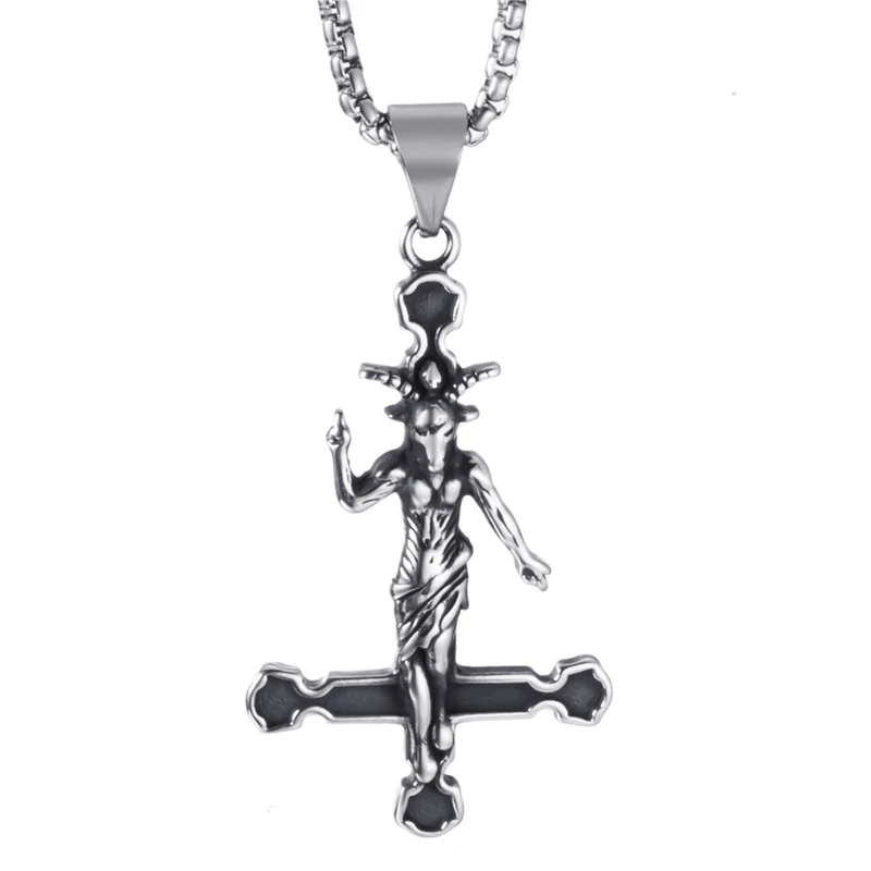 Elfasio Men Stainless Steel Pendant Necklace Baphomet Goat Inverted Cross Jewelry Satanic Satan Demon Devil Lucifer Pendant