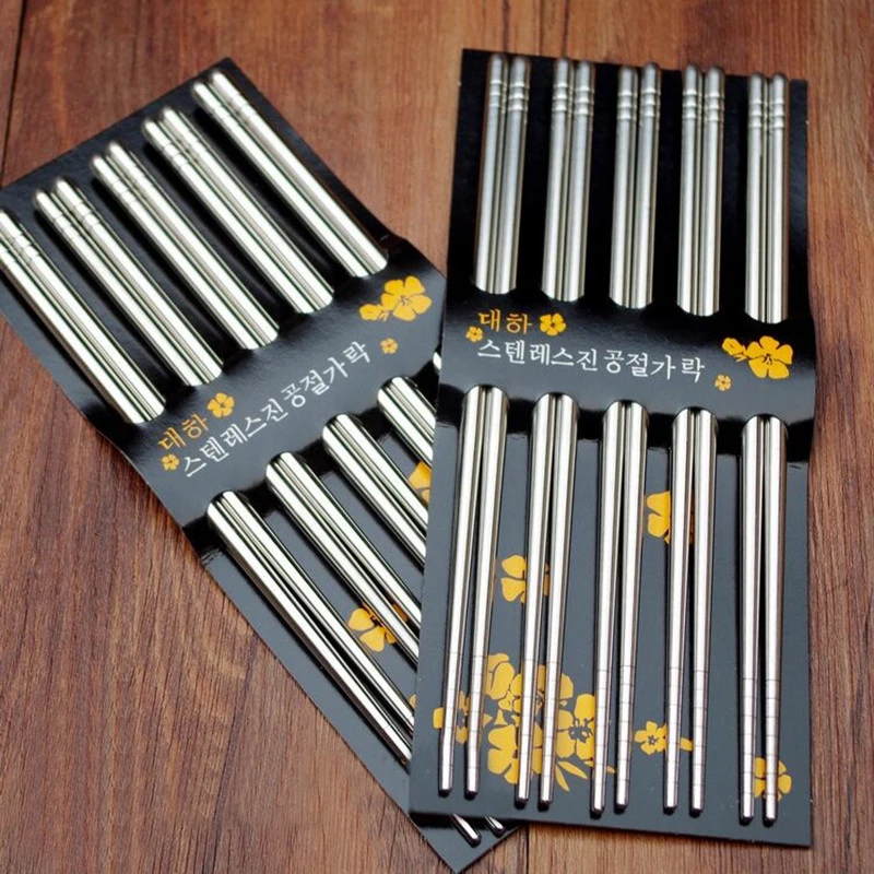 5 Pairs Stainless Steel Square Chopsticks Chinese Stylish Healthy Light Weight Chinese Chopsticks Metal Non-slip Design Kitchen