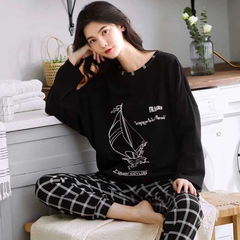 Plus Size Pajamas Women's Spring Autumn New Long-Sleeved Printed Sleepwear Girl Cute Cartoon Sleep Tops Casual Home Clothes Suit