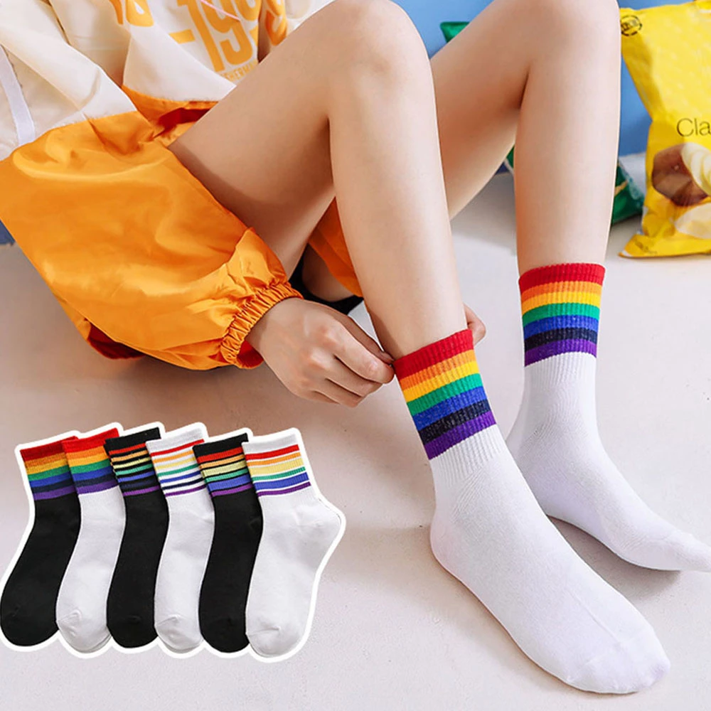 Cotton Rainbow Socks Women Japan Harajuku Korean version cute Sock Stripes Socks Christmas Fashion Casual Tide Socks