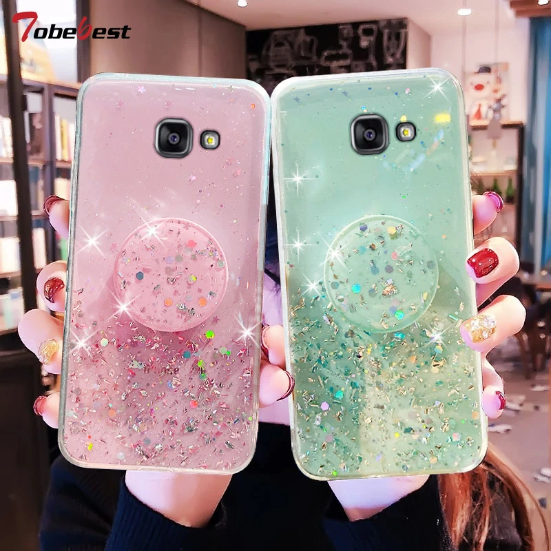 Silver Foil Phone holder case For Samsung Galaxy j7 Prime Coque Bling Glitter Soft Silicone Stand Cover