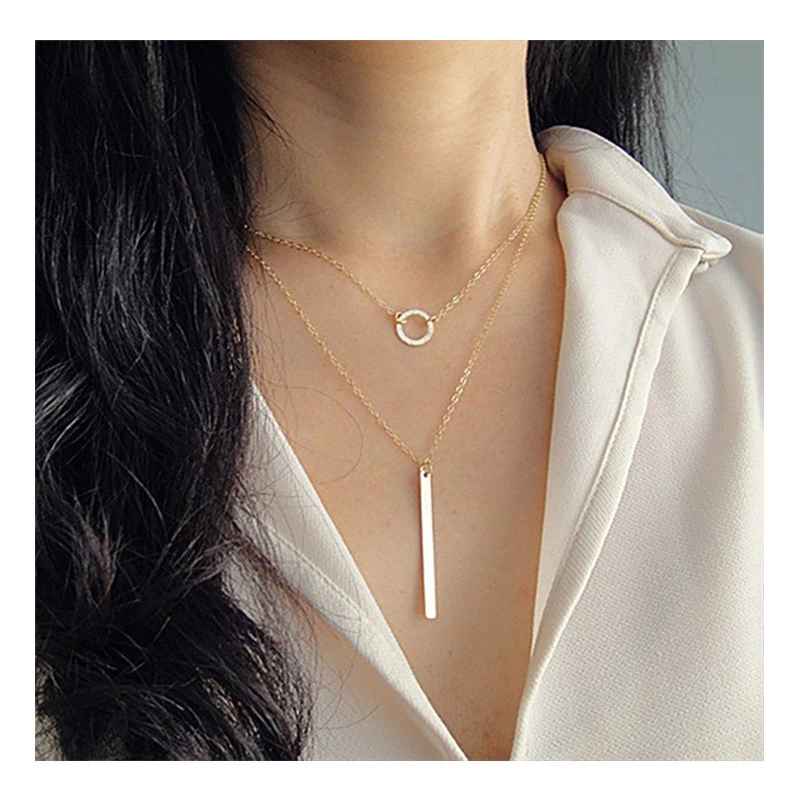 Double-Fayered Necklace Choker Women Round Necklace Pendant Strip Gold Color Collares Fashion Girl Party Alloy Jewelry