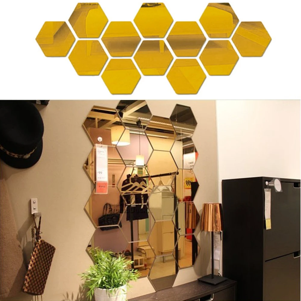 12Pcs 3D Mirror Wall Stickers Hexagon Shape DIY Large Wall Decor Sticker adesivo de parede Home Decoration Art Mirror Ornaments