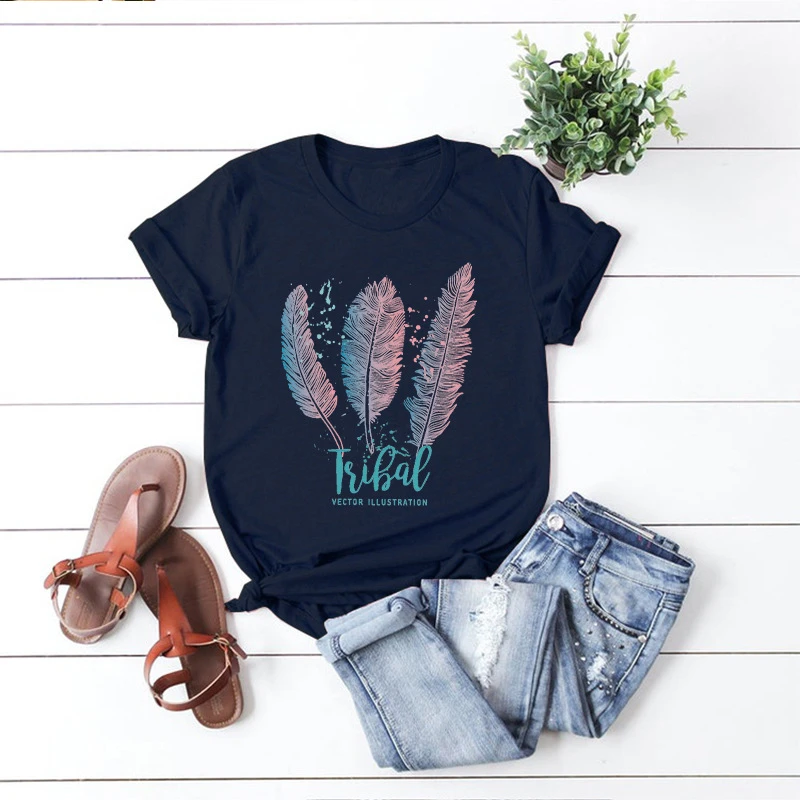 Women Summer T shirt Cotton Plus Size 5XL Loose Casual Short Sleeve Feather Print t-shirts Fashion Ladies Basic Tee Shirts Tops