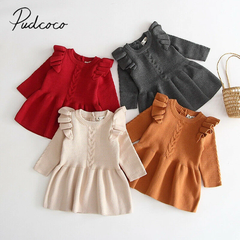 2019 Baby Autumn Winter Clothing Infant Kids Baby Girl Ribbed Warm Dress Ruffled Long Sleeve Knitted Dresses Princess Party Gown