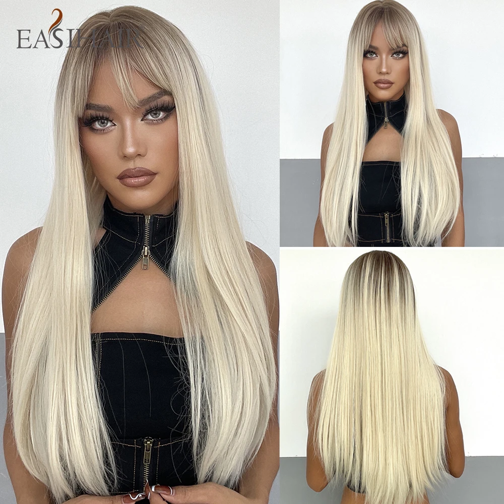 EASIHAIR Light Platinum Blonde Synthetic Straight Wigs with Bangs Long Ombre Women's Wigs Heat Resistant Natural Faker Hair