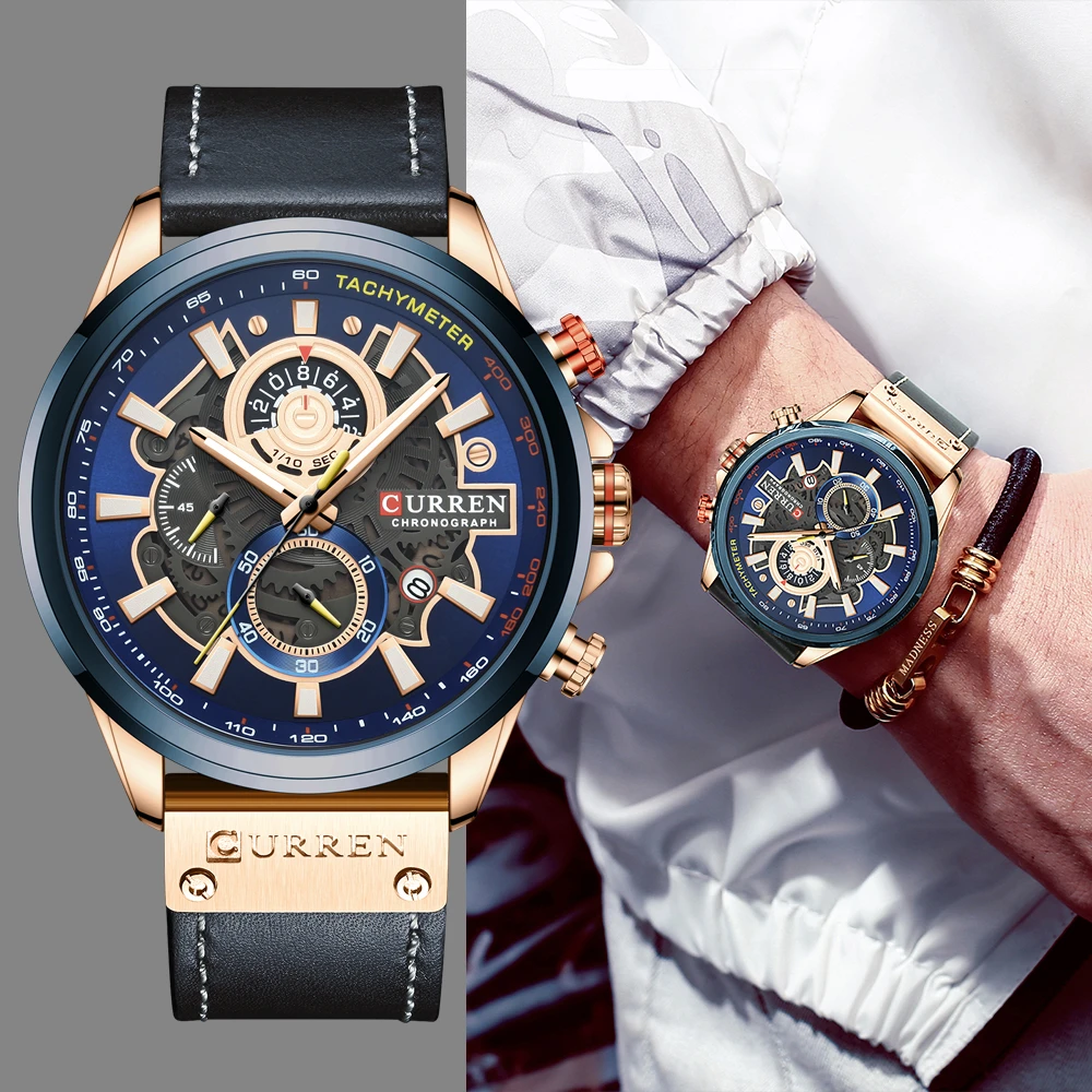 CURREN Watches Mens Branded Luxury Casual Leather Strap Sport Quartz Wristwatch Chronograph Clock Male Creative Design Dial
