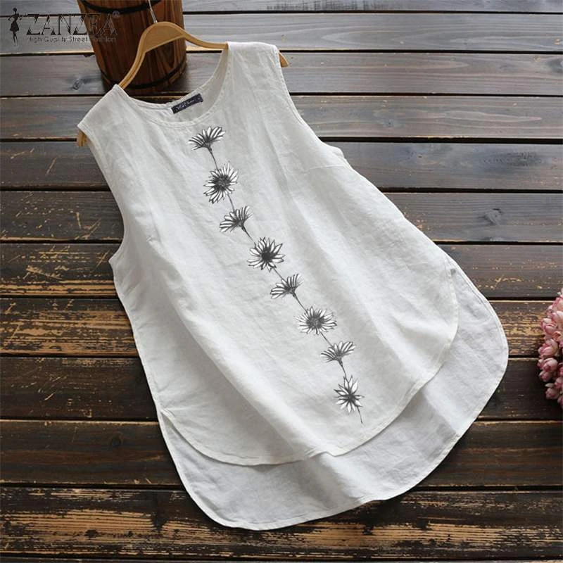 ZANZEA Vintage Tanks Tops Women Summer Sleeveless Blouse Floral Printed Shirt Casual Cotton Linen Blusas Female Loose Vests Robe