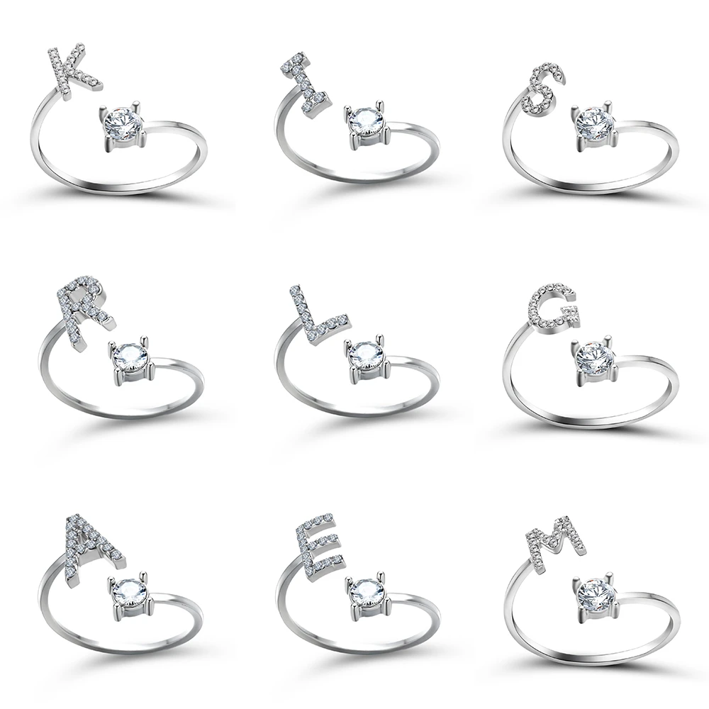 Creative A-Z Alphabet 26 Letter Rings Personlity Initial Name Open Rings Silver Color Rhinestone Finger Ring Party Jewelry Gift