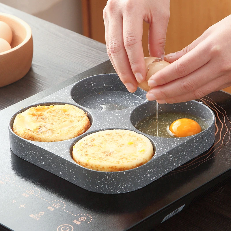 4 Holes Egg Frying Pan Multifunction Hamburger Steak Non Stick Pan High Quality Wooden Handle Cooking Pan Cooking Utensils