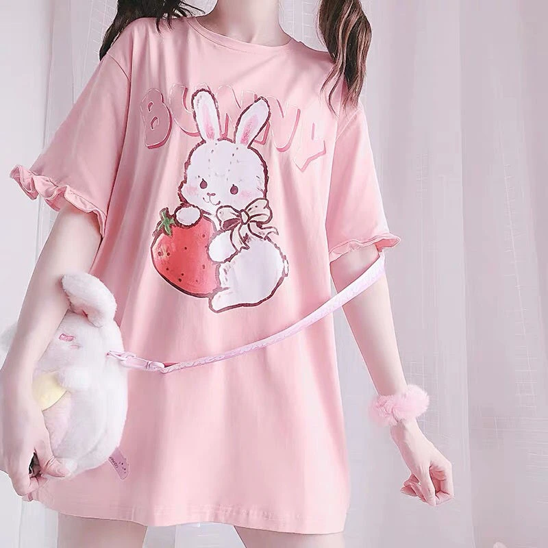 Japanese Women Cute Lolita T-shirt Summer Kawaii Strawberry Bunny Print Ruffles Short Sleeve Tops Soft Sister Girl Rabbit Tshirt