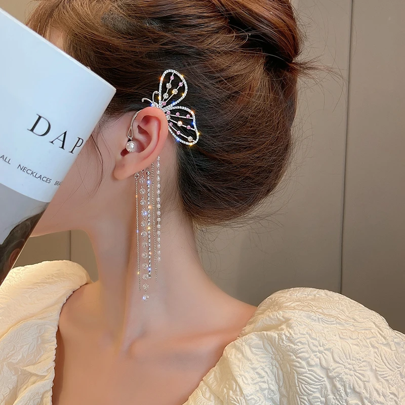 2021 New Trendy Long Butterfly Clip Earrings Ear Hook Pearl Ear Clips Without Pierced Ears Chain Earrings Women Girls Jewelry