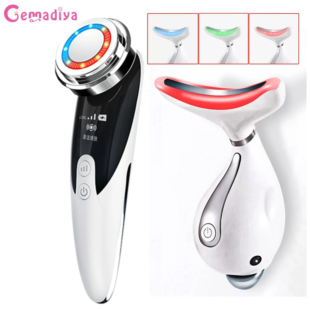 RF&EMS Lifting Beauty LED Face Skin Care +3 Colors Facial Liftin Neck Massager Photon Therapy Heating Wrinkle Removal